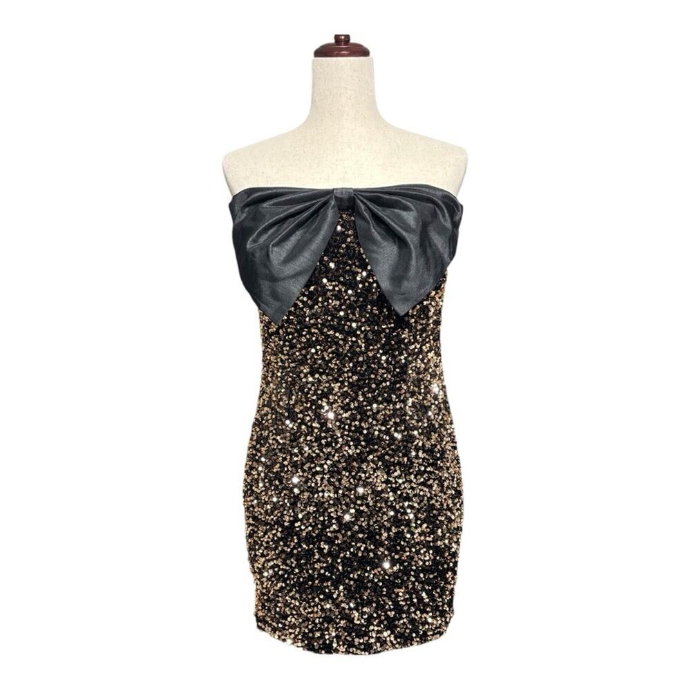 NWT Thirty/Thirty Glamorous Black Gold Strapless Sequin Dress Bow Detail 0238